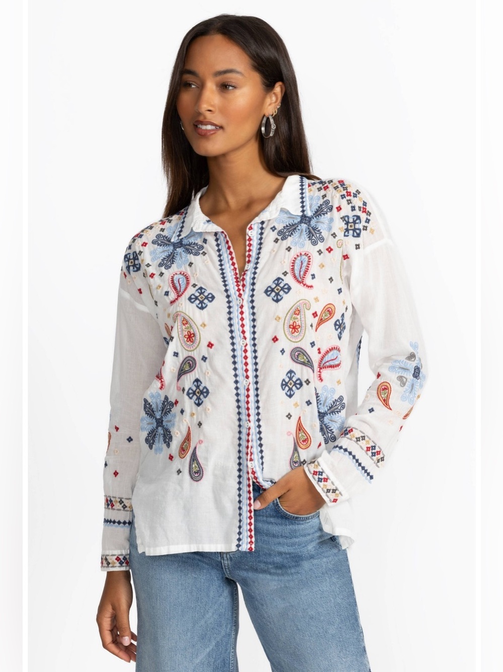 Johnny Was Slim Audrey Embroidered Shirt White Cotton Boho Blouse - Medium